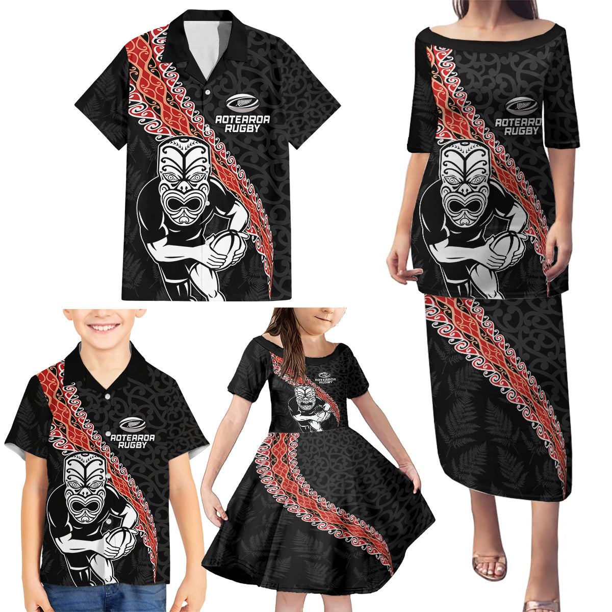 New Zealand Maori Warrior Rugby Family Matching Puletasi and Hawaiian Shirt Maori and Silver Fern Half Style LT03 - Polynesian Pride