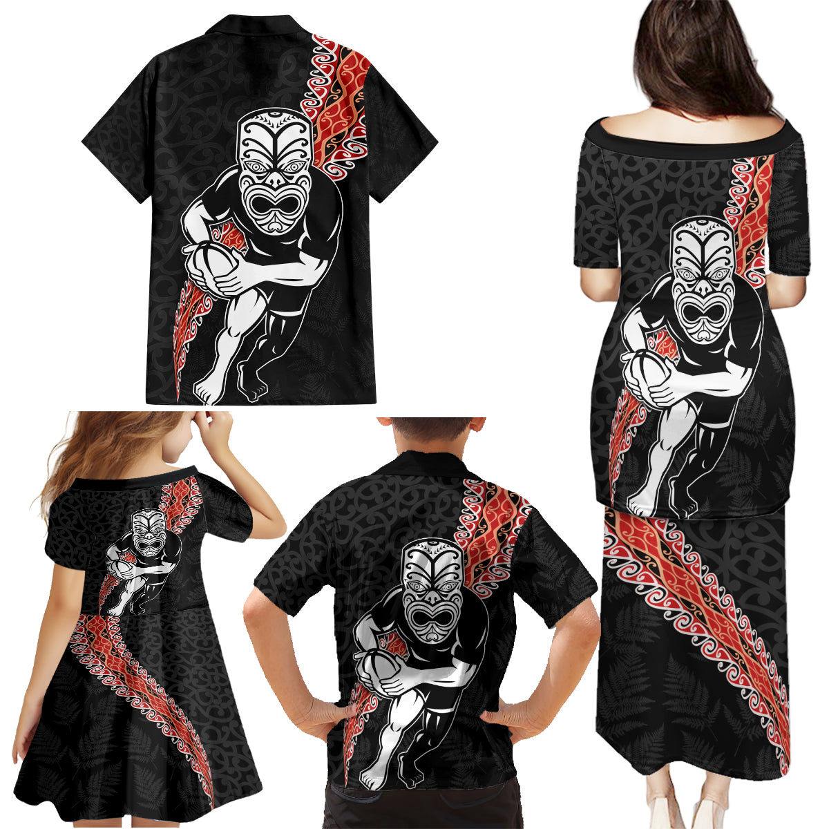New Zealand Maori Warrior Rugby Family Matching Puletasi and Hawaiian Shirt Maori and Silver Fern Half Style LT03 - Polynesian Pride