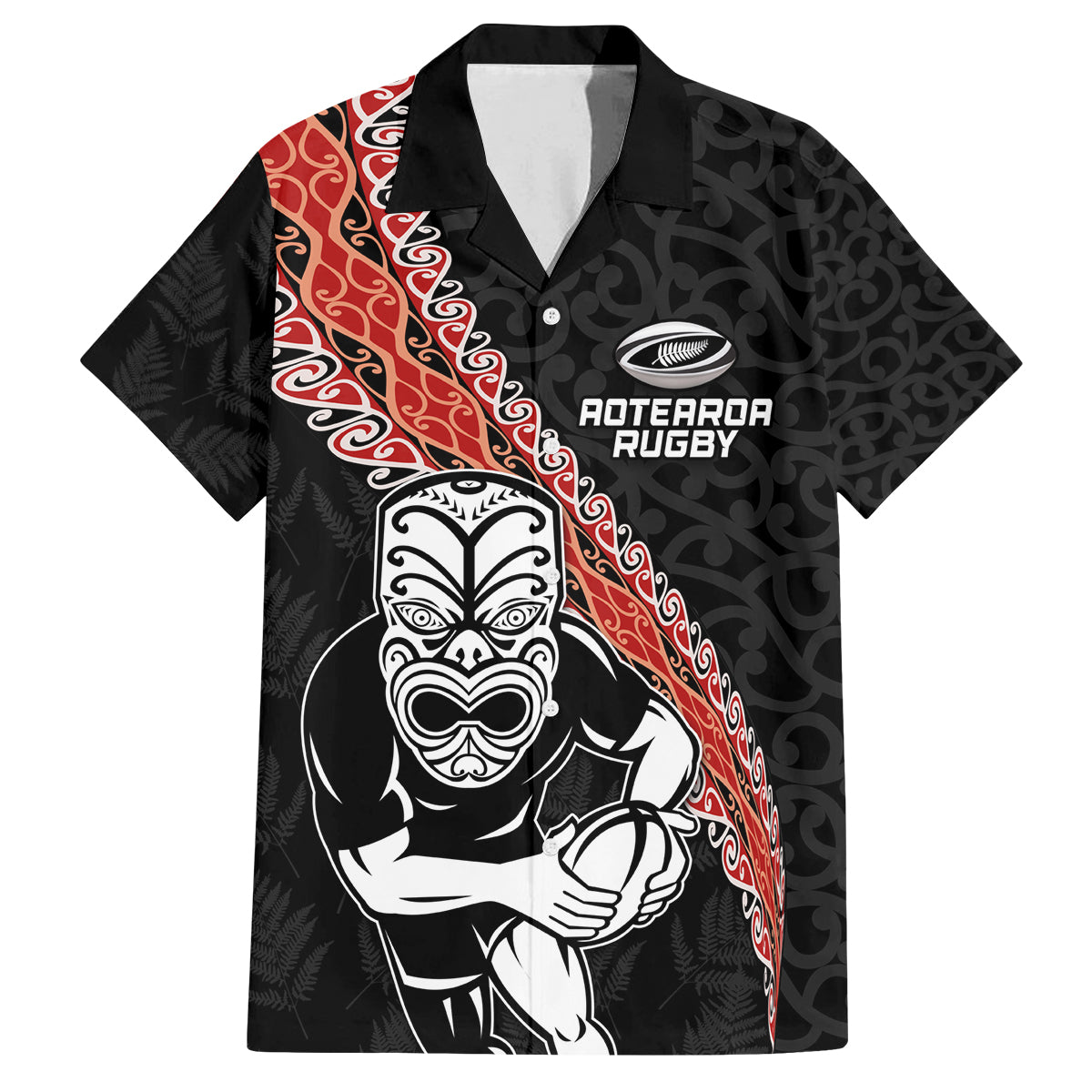 New Zealand Maori Warrior Rugby Family Matching Puletasi and Hawaiian Shirt Maori and Silver Fern Half Style LT03 Dad's Shirt - Short Sleeve Black - Polynesian Pride
