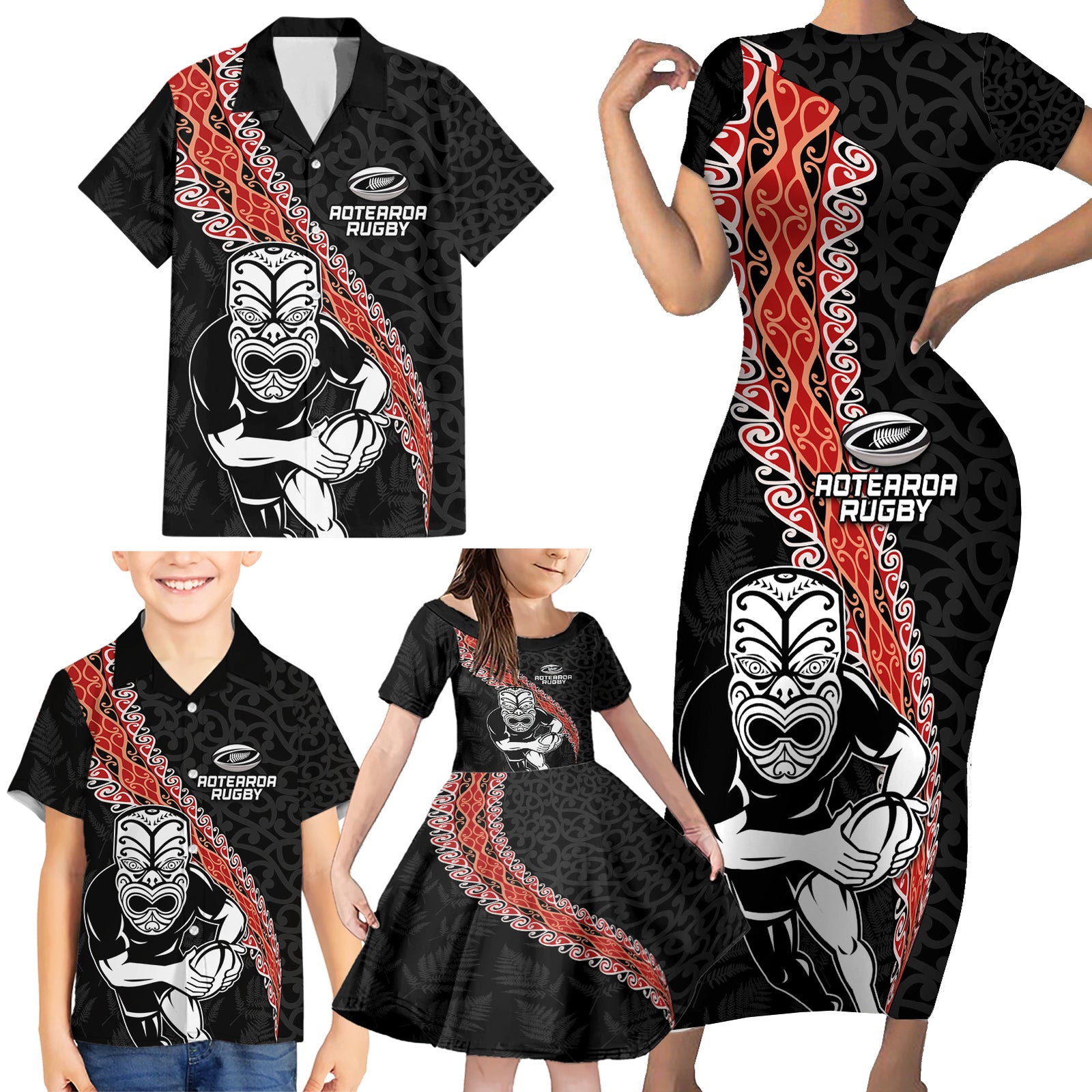 New Zealand Maori Warrior Rugby Family Matching Short Sleeve Bodycon Dress and Hawaiian Shirt Maori and Silver Fern Half Style LT03 - Polynesian Pride