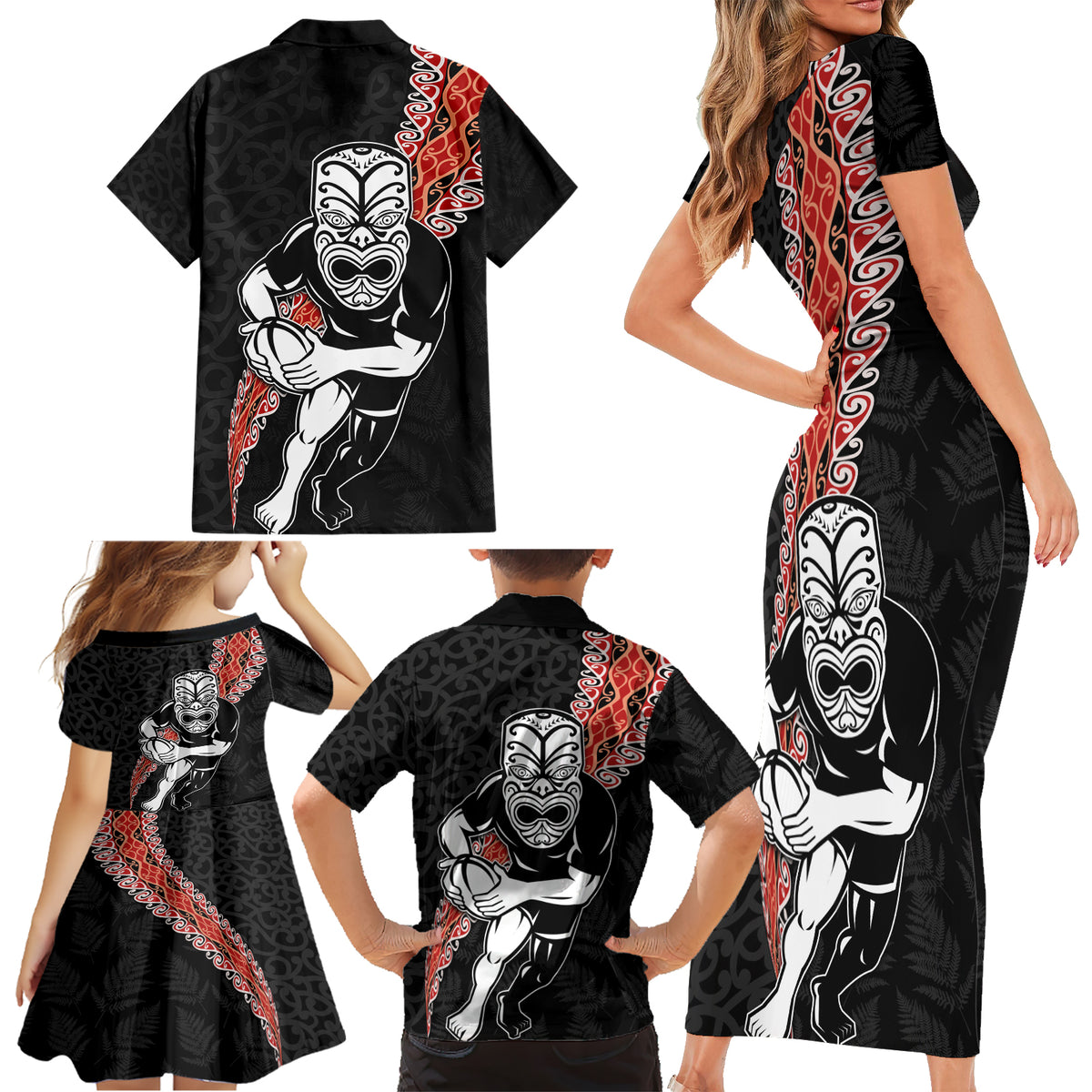 New Zealand Maori Warrior Rugby Family Matching Short Sleeve Bodycon Dress and Hawaiian Shirt Maori and Silver Fern Half Style LT03 - Polynesian Pride