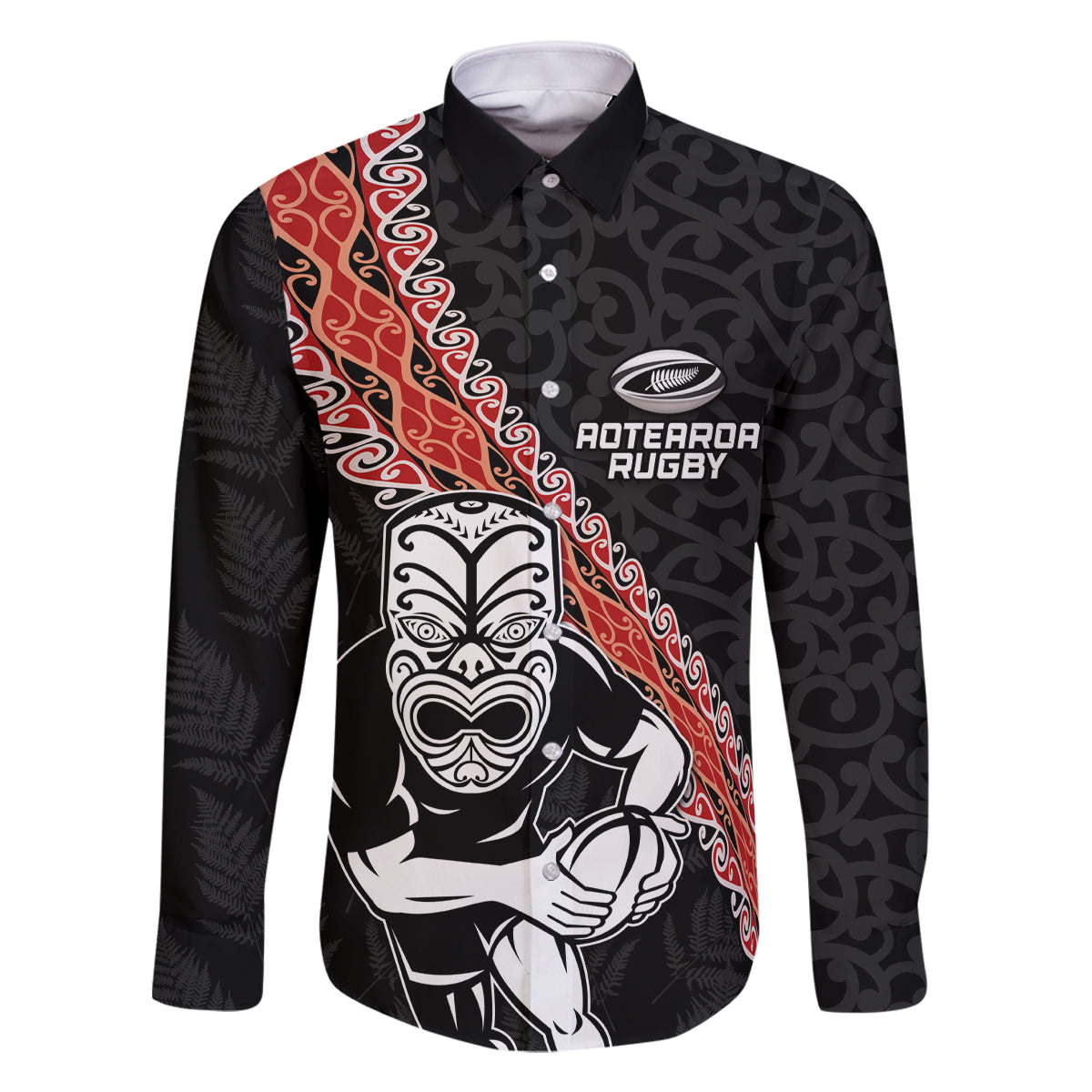 New Zealand Maori Warrior Rugby Family Matching Tank Maxi Dress and Hawaiian Shirt Maori and Silver Fern Half Style LT03 Dad's Shirt - Long Sleeve Black - Polynesian Pride