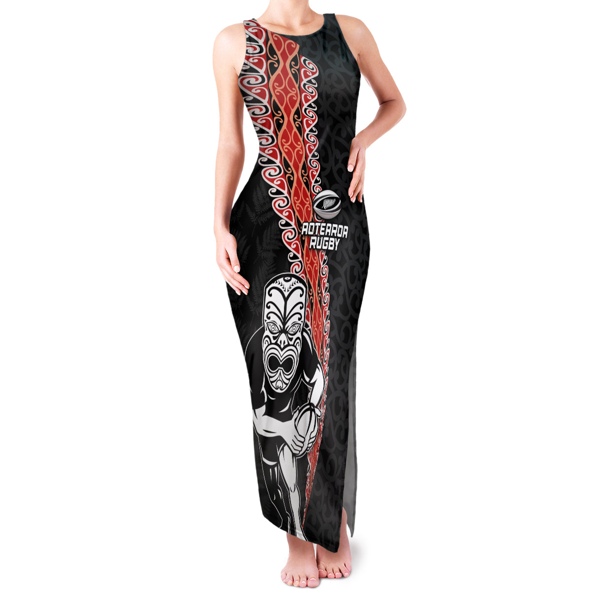 New Zealand Maori Warrior Rugby Family Matching Tank Maxi Dress and Hawaiian Shirt Maori and Silver Fern Half Style LT03 Mom's Dress Black - Polynesian Pride