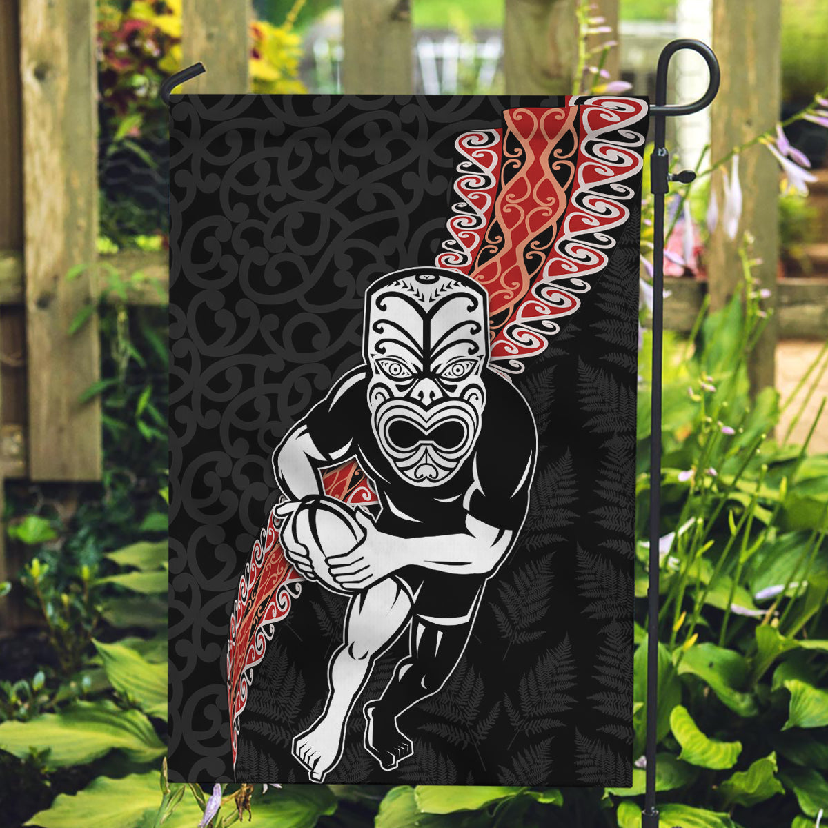 New Zealand Maori Warrior Rugby Garden Flag Maori and Silver Fern Half Style LT03 Garden Flag Black - Polynesian Pride