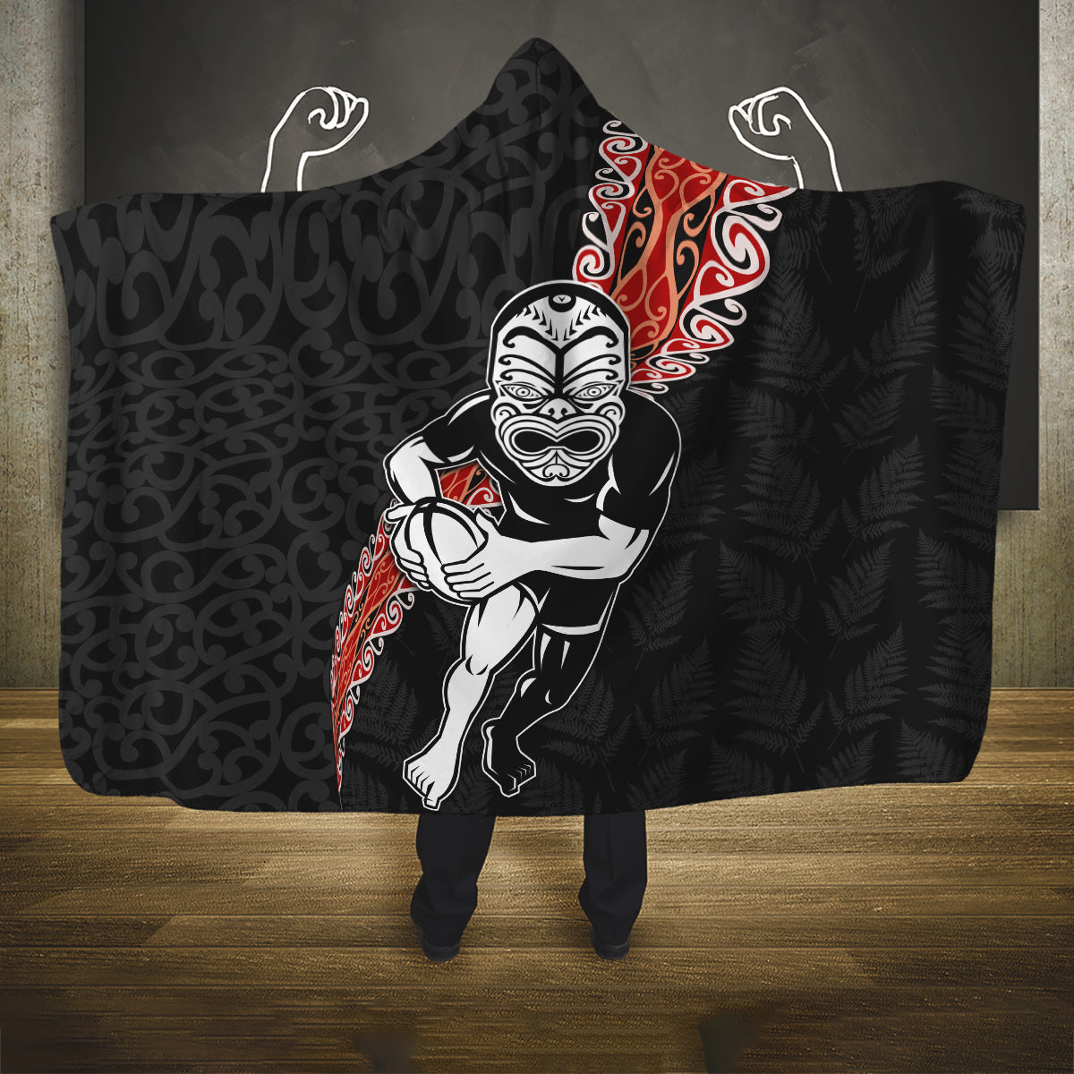 New Zealand Maori Warrior Rugby Hooded Blanket Maori and Silver Fern Half Style LT03 One Size Black - Polynesian Pride