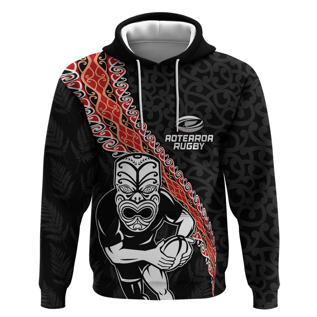 New Zealand Maori Warrior Rugby Hoodie Maori and Silver Fern Half Style LT03 Pullover Hoodie Black - Polynesian Pride