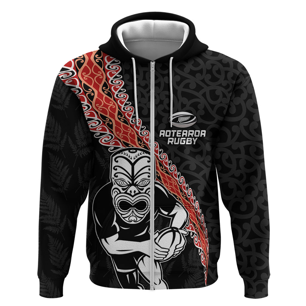 New Zealand Maori Warrior Rugby Hoodie Maori and Silver Fern Half Style LT03 Zip Hoodie Black - Polynesian Pride