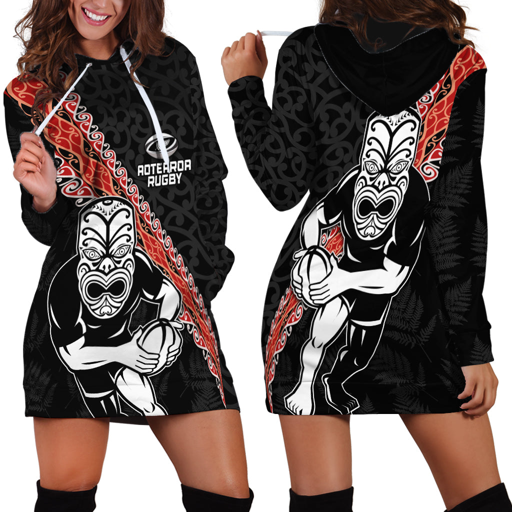 New Zealand Maori Warrior Rugby Hoodie Dress Maori and Silver Fern Half Style LT03 - Polynesian Pride