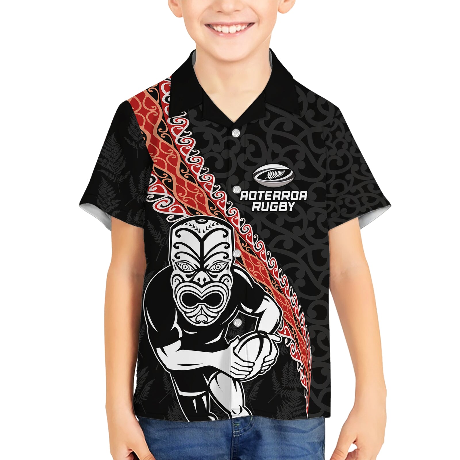 New Zealand Maori Warrior Rugby Kid Hawaiian Shirt Maori and Silver Fern Half Style LT03 Kid Black - Polynesian Pride