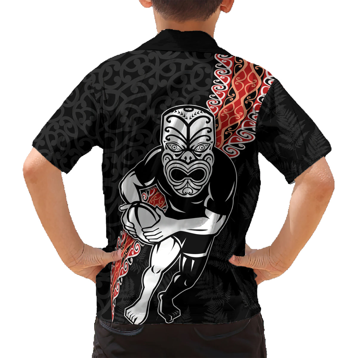New Zealand Maori Warrior Rugby Kid Hawaiian Shirt Maori and Silver Fern Half Style LT03 - Polynesian Pride