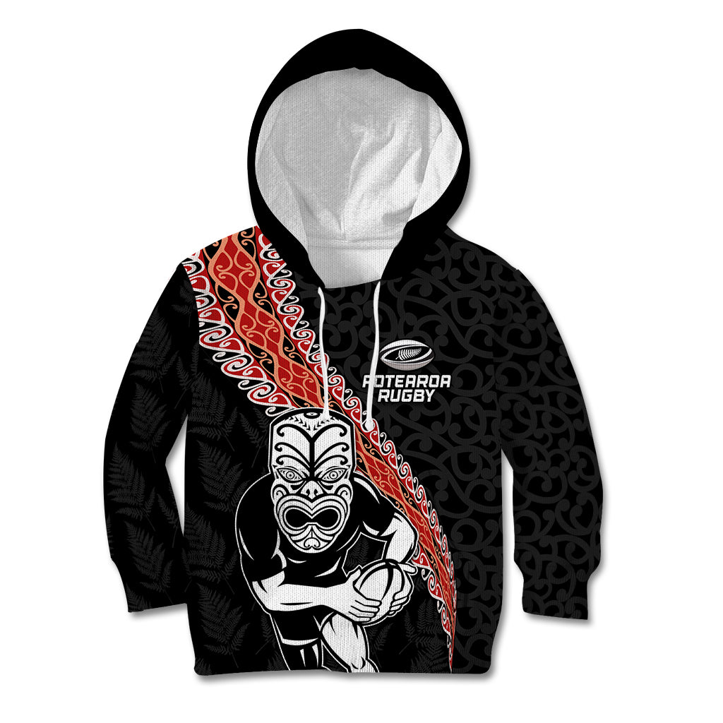 New Zealand Maori Warrior Rugby Kid Hoodie Maori and Silver Fern Half Style LT03 Hoodie Black - Polynesian Pride