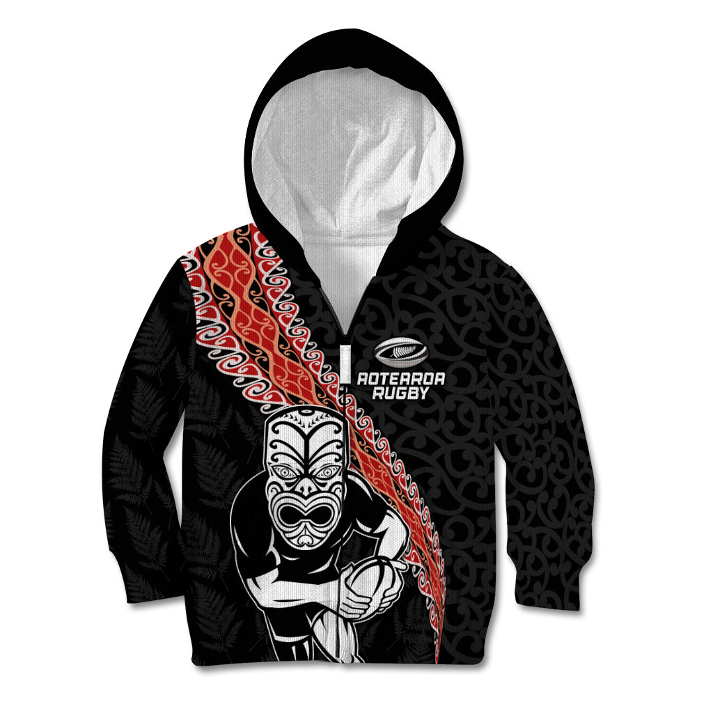 New Zealand Maori Warrior Rugby Kid Hoodie Maori and Silver Fern Half Style LT03 Zip Hoodie Black - Polynesian Pride