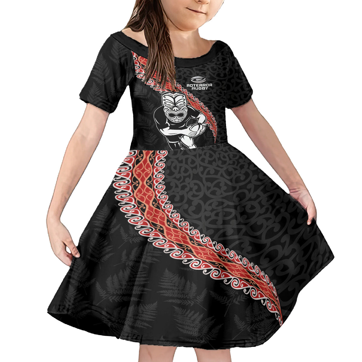New Zealand Maori Warrior Rugby Kid Short Sleeve Dress Maori and Silver Fern Half Style LT03 KID Black - Polynesian Pride