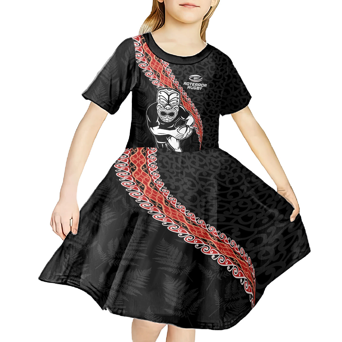 New Zealand Maori Warrior Rugby Kid Short Sleeve Dress Maori and Silver Fern Half Style LT03 - Polynesian Pride
