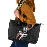 New Zealand Maori Warrior Rugby Leather Tote Bag Maori and Silver Fern Half Style LT03 Black - Polynesian Pride