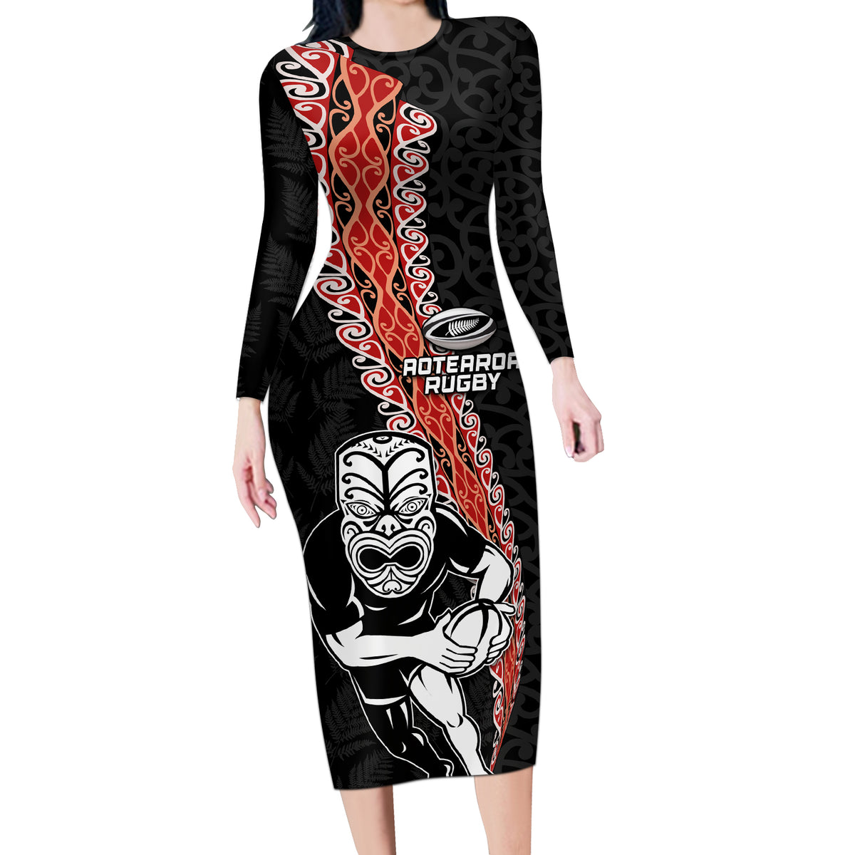 New Zealand Maori Warrior Rugby Long Sleeve Bodycon Dress Maori and Silver Fern Half Style LT03 Long Dress Black - Polynesian Pride