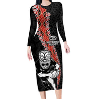 New Zealand Maori Warrior Rugby Long Sleeve Bodycon Dress Maori and Silver Fern Half Style LT03 Long Dress Black - Polynesian Pride