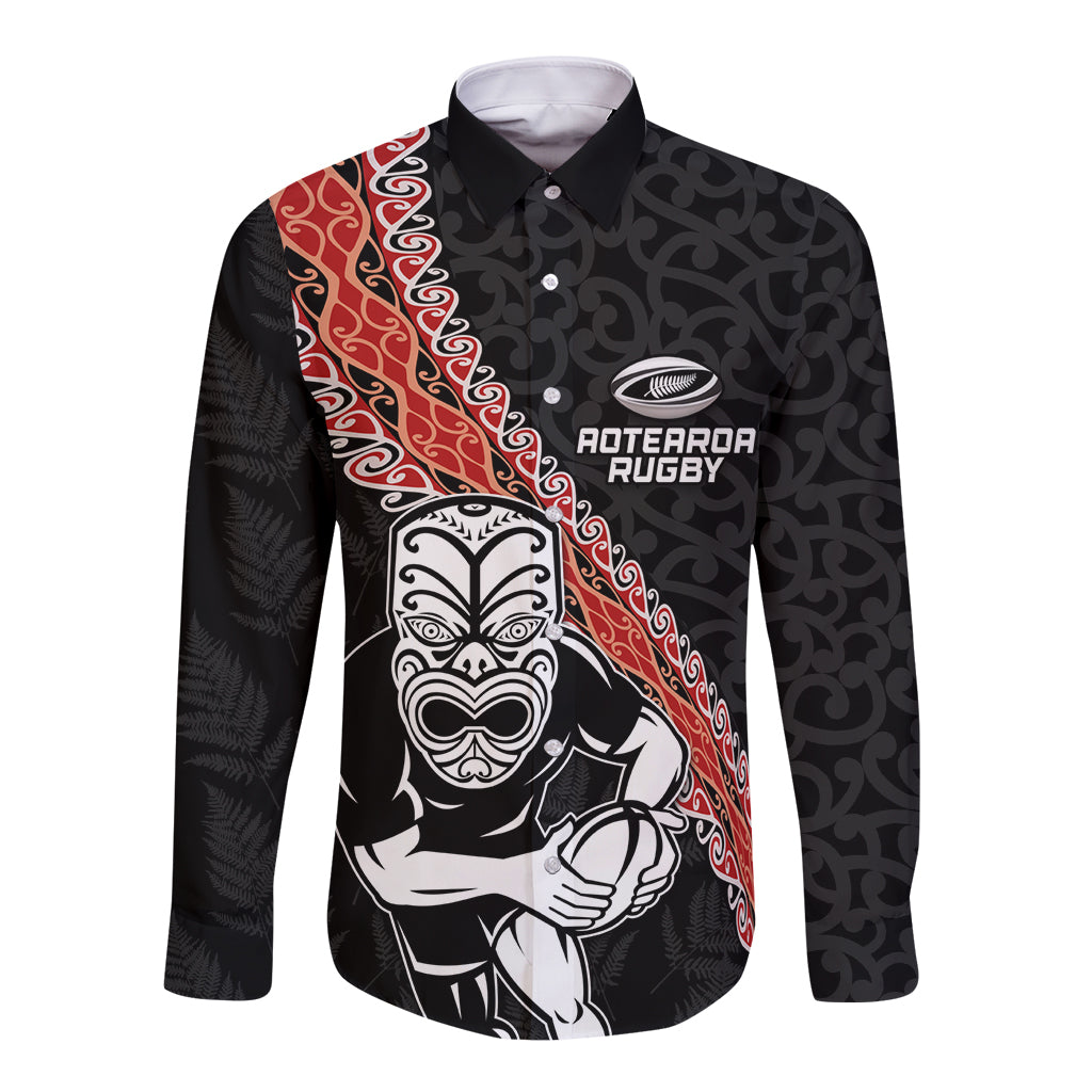 New Zealand Maori Warrior Rugby Long Sleeve Button Shirt Maori and Silver Fern Half Style LT03 Unisex Black - Polynesian Pride