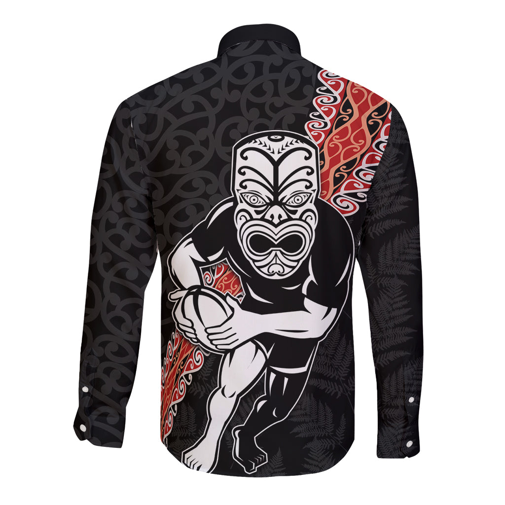 New Zealand Maori Warrior Rugby Long Sleeve Button Shirt Maori and Silver Fern Half Style LT03 - Polynesian Pride