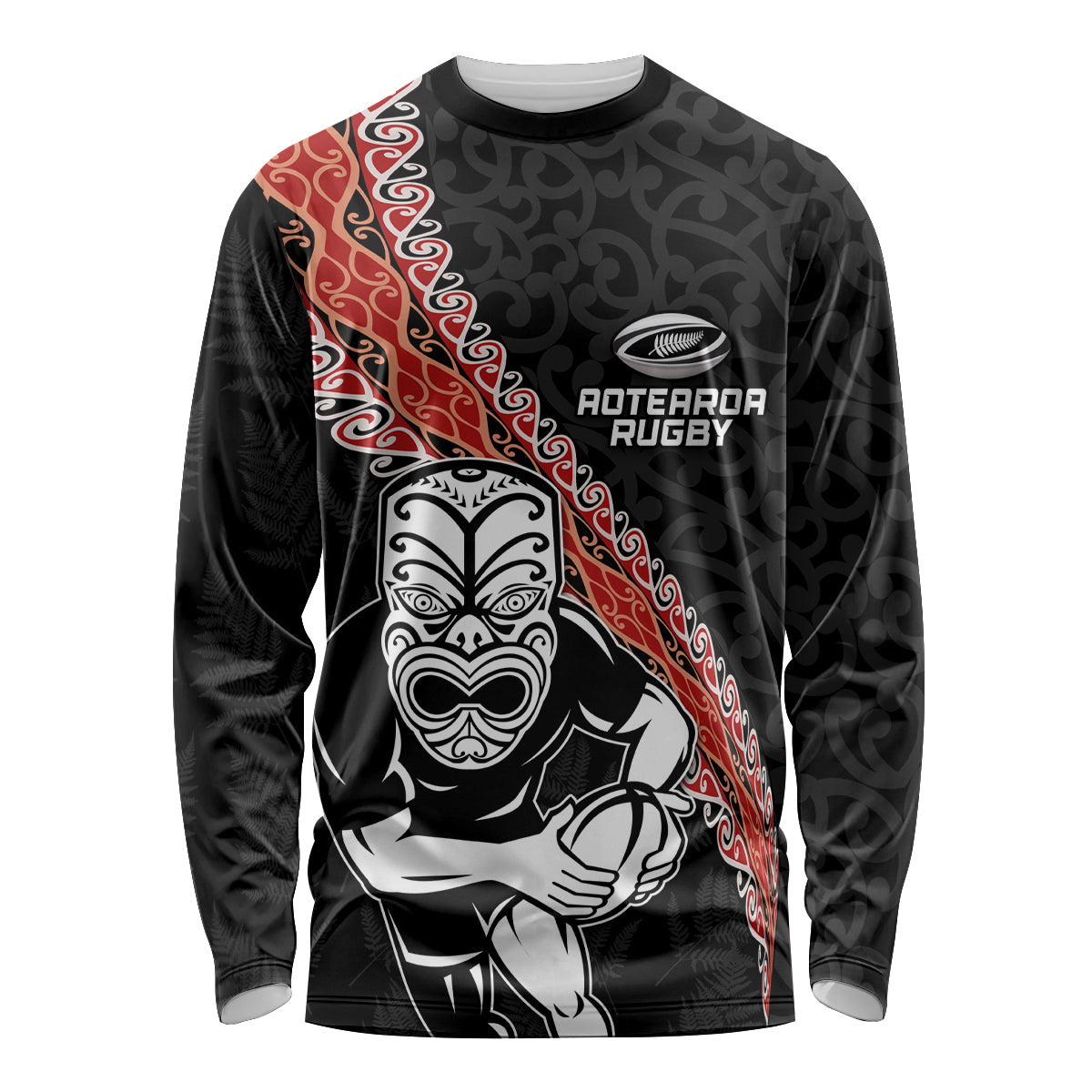 New Zealand Maori Warrior Rugby Long Sleeve Shirt Maori and Silver Fern Half Style LT03 Unisex Black - Polynesian Pride