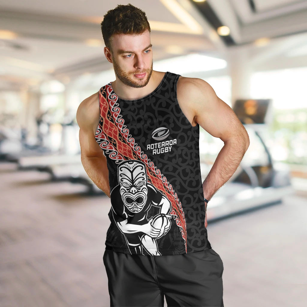 New Zealand Maori Warrior Rugby Men Tank Top Maori and Silver Fern Half Style LT03 Black - Polynesian Pride