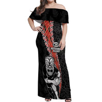 New Zealand Maori Warrior Rugby Off Shoulder Maxi Dress Maori and Silver Fern Half Style LT03 Women Black - Polynesian Pride