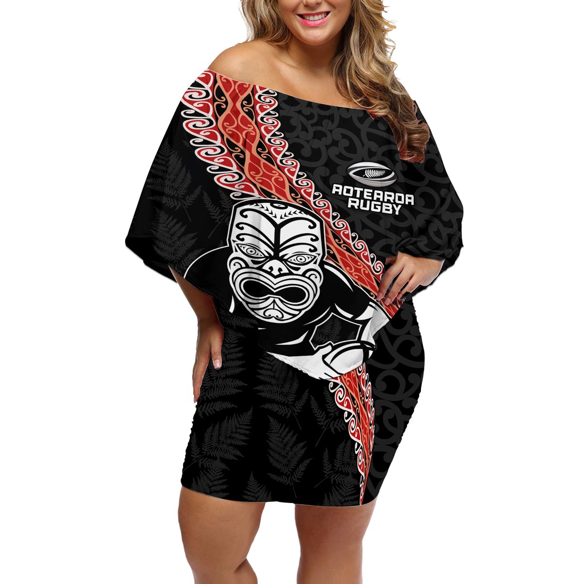 New Zealand Maori Warrior Rugby Off Shoulder Short Dress Maori and Silver Fern Half Style LT03 Women Black - Polynesian Pride