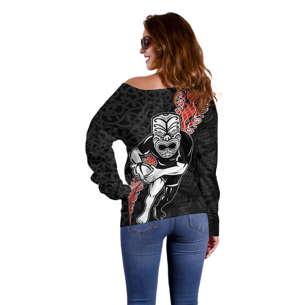 New Zealand Maori Warrior Rugby Off Shoulder Sweater Maori and Silver Fern Half Style LT03 - Polynesian Pride