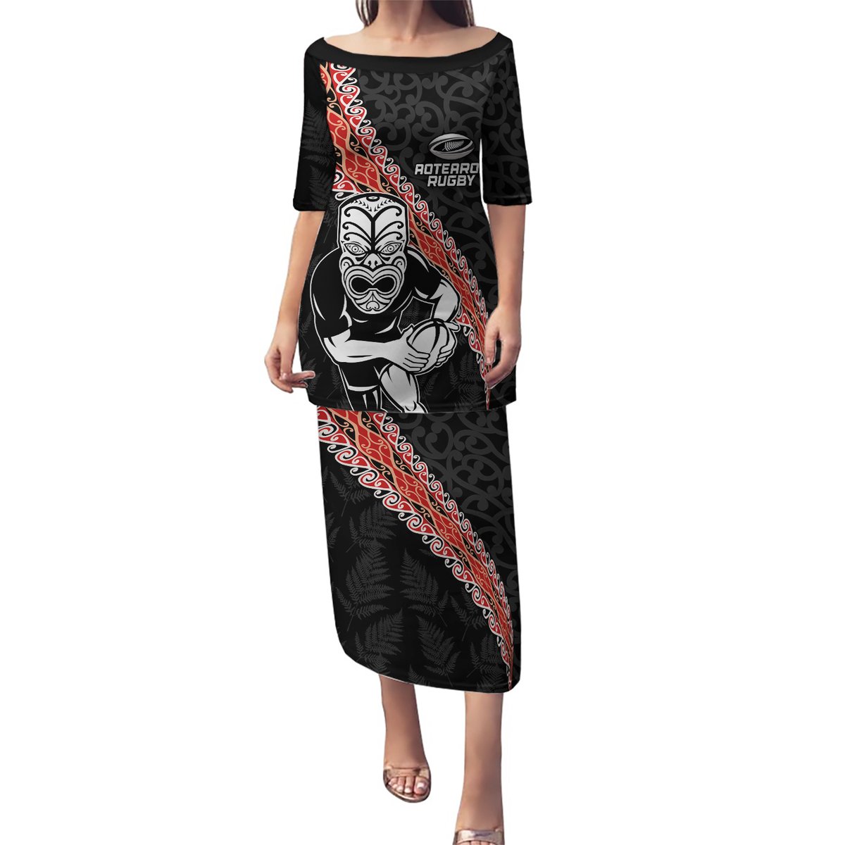 New Zealand Maori Warrior Rugby Puletasi Maori and Silver Fern Half Style LT03 Long Dress Black - Polynesian Pride