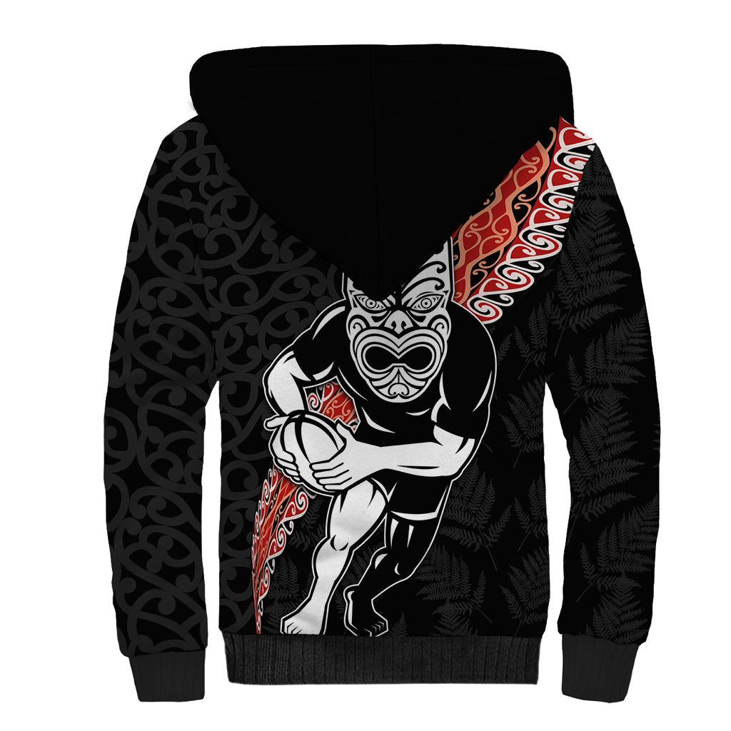 New Zealand Maori Warrior Rugby Sherpa Hoodie Maori and Silver Fern Half Style LT03 - Polynesian Pride