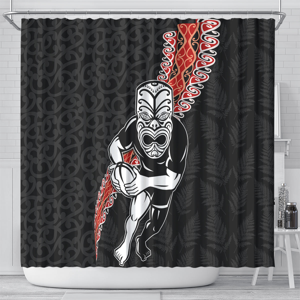 New Zealand Maori Warrior Rugby Shower Curtain Maori and Silver Fern Half Style LT03 - Polynesian Pride