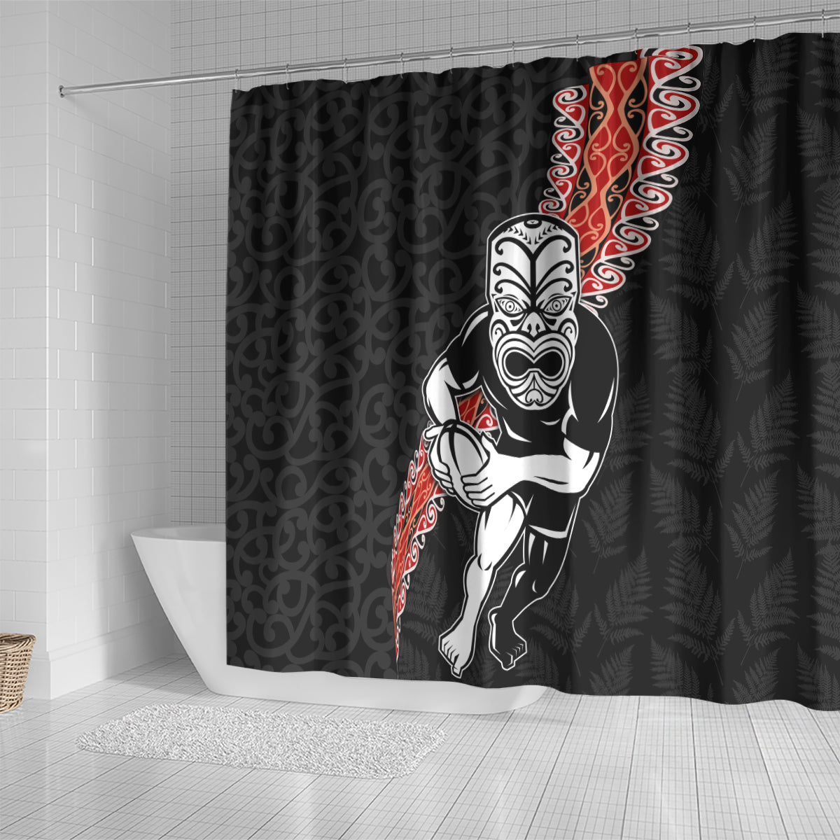New Zealand Maori Warrior Rugby Shower Curtain Maori and Silver Fern Half Style LT03 - Polynesian Pride