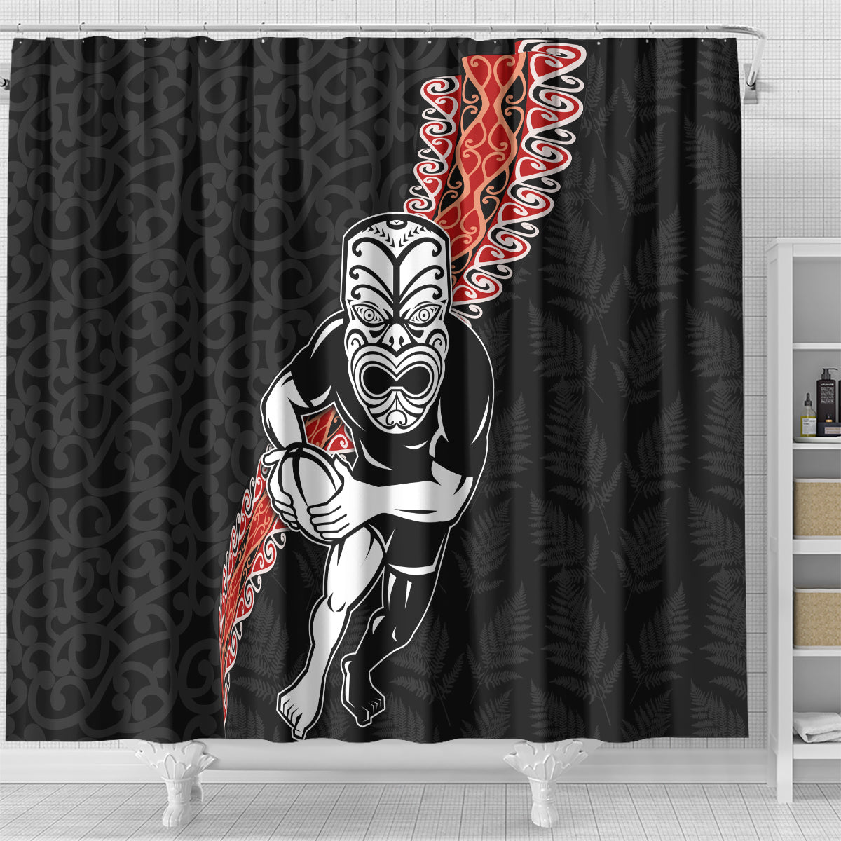 New Zealand Maori Warrior Rugby Shower Curtain Maori and Silver Fern Half Style LT03 - Polynesian Pride