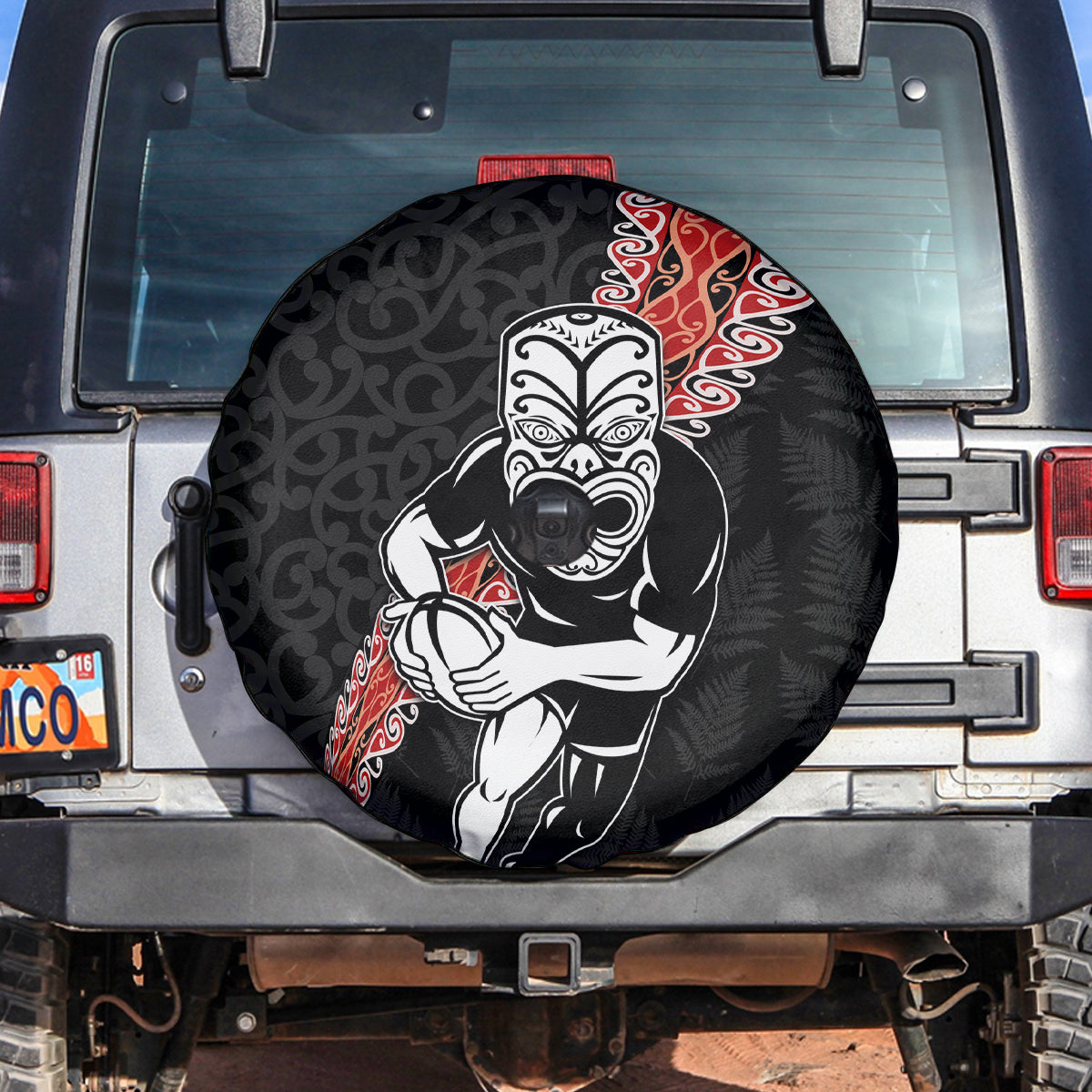 New Zealand Maori Warrior Rugby Spare Tire Cover Maori and Silver Fern Half Style LT03 Black - Polynesian Pride