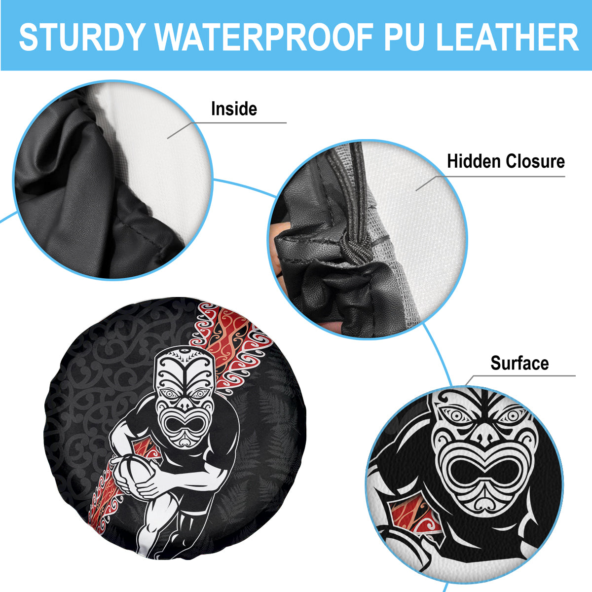 New Zealand Maori Warrior Rugby Spare Tire Cover Maori and Silver Fern Half Style LT03 - Polynesian Pride