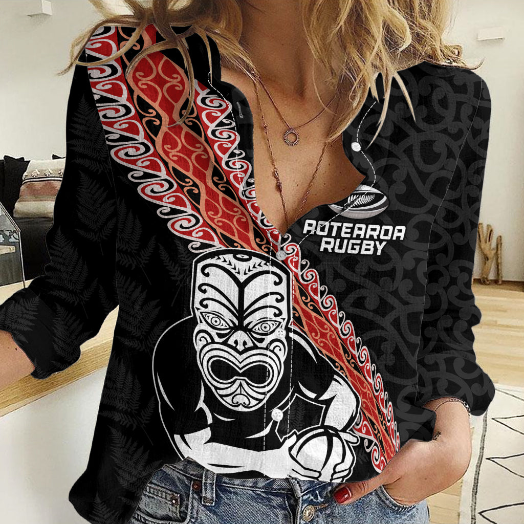 New Zealand Maori Warrior Rugby Women Casual Shirt Maori and Silver Fern Half Style LT03 Female Black - Polynesian Pride