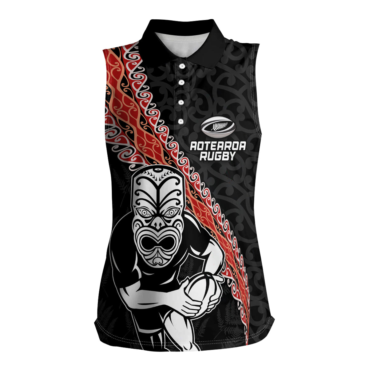 New Zealand Maori Warrior Rugby Women Sleeveless Polo Shirt Maori and Silver Fern Half Style LT03 Female Black - Polynesian Pride
