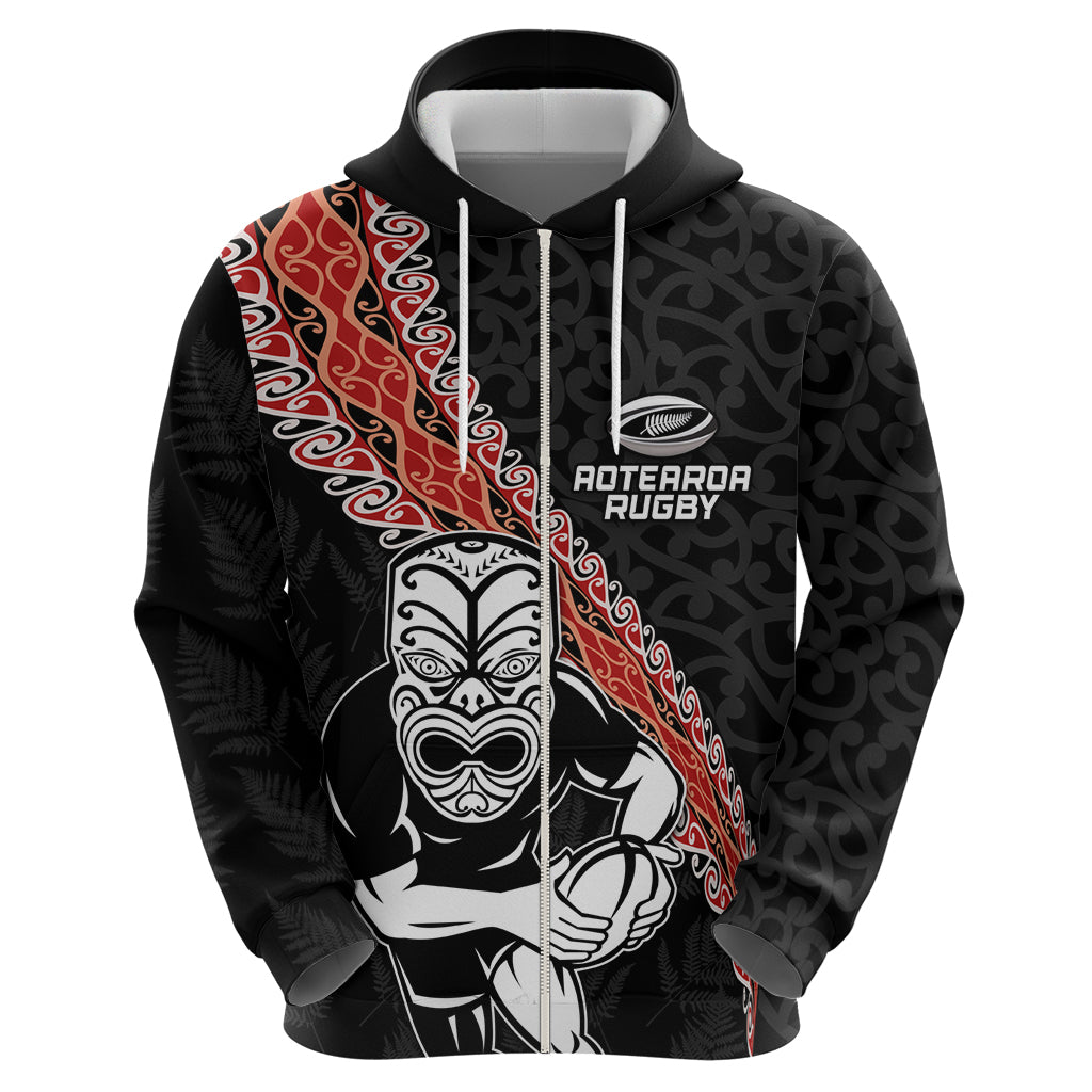 New Zealand Maori Warrior Rugby Zip Hoodie Maori and Silver Fern Half Style LT03 - Polynesian Pride