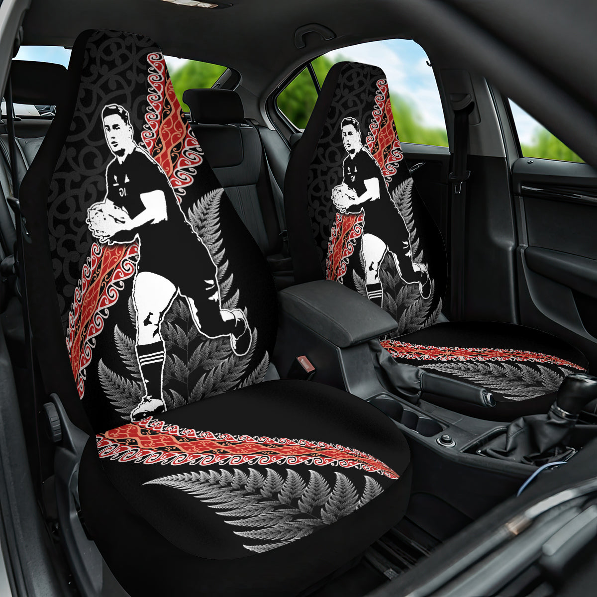 New Zealand Maori Rugby Player Car Seat Cover Maori and Silver Fern Half Style LT03 One Size Black - Polynesian Pride