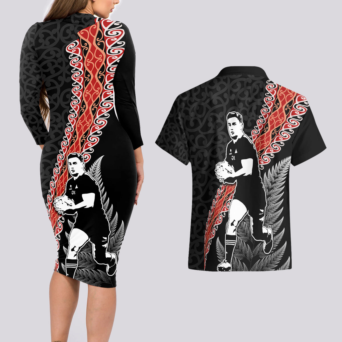 New Zealand Maori Rugby Player Couples Matching Long Sleeve Bodycon Dress and Hawaiian Shirt Maori and Silver Fern Half Style LT03 - Polynesian Pride