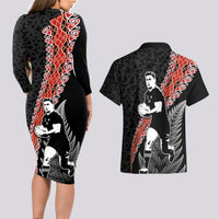 New Zealand Maori Rugby Player Couples Matching Long Sleeve Bodycon Dress and Hawaiian Shirt Maori and Silver Fern Half Style LT03 - Polynesian Pride