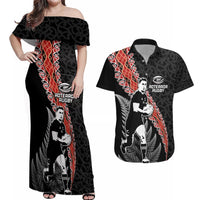 New Zealand Maori Rugby Player Couples Matching Off Shoulder Maxi Dress and Hawaiian Shirt Maori and Silver Fern Half Style LT03 Black - Polynesian Pride