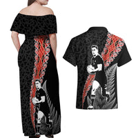 New Zealand Maori Rugby Player Couples Matching Off Shoulder Maxi Dress and Hawaiian Shirt Maori and Silver Fern Half Style LT03 - Polynesian Pride