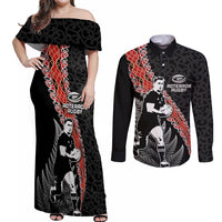 New Zealand Maori Rugby Player Couples Matching Off Shoulder Maxi Dress and Long Sleeve Button Shirt Maori and Silver Fern Half Style LT03 Black - Polynesian Pride