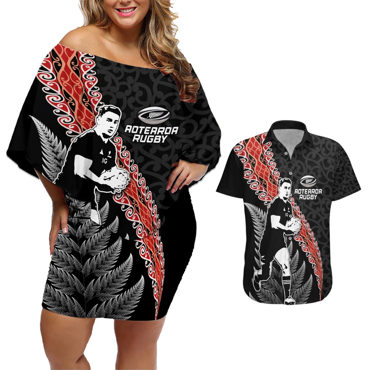 New Zealand Maori Rugby Player Couples Matching Off Shoulder Short Dress and Hawaiian Shirt Maori and Silver Fern Half Style LT03 Black - Polynesian Pride