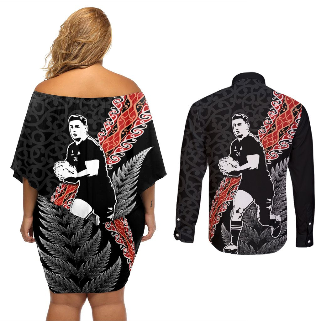 New Zealand Maori Rugby Player Couples Matching Off Shoulder Short Dress and Long Sleeve Button Shirt Maori and Silver Fern Half Style LT03 - Polynesian Pride