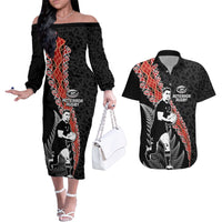 New Zealand Maori Rugby Player Couples Matching Off The Shoulder Long Sleeve Dress and Hawaiian Shirt Maori and Silver Fern Half Style LT03 Black - Polynesian Pride
