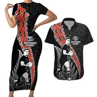 New Zealand Maori Rugby Player Couples Matching Short Sleeve Bodycon Dress and Hawaiian Shirt Maori and Silver Fern Half Style LT03 Black - Polynesian Pride