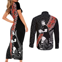 New Zealand Maori Rugby Player Couples Matching Short Sleeve Bodycon Dress and Long Sleeve Button Shirt Maori and Silver Fern Half Style LT03 - Polynesian Pride
