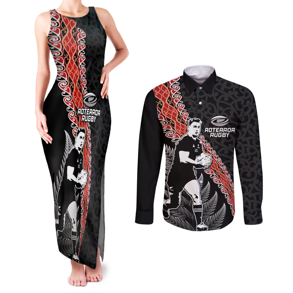 New Zealand Maori Rugby Player Couples Matching Tank Maxi Dress and Long Sleeve Button Shirt Maori and Silver Fern Half Style LT03 Black - Polynesian Pride